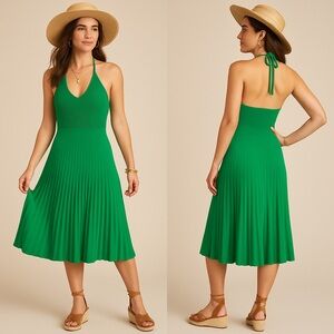 A New Day Green Halter Ribbed Sweater Midi Dress Pleated Skirt Size S